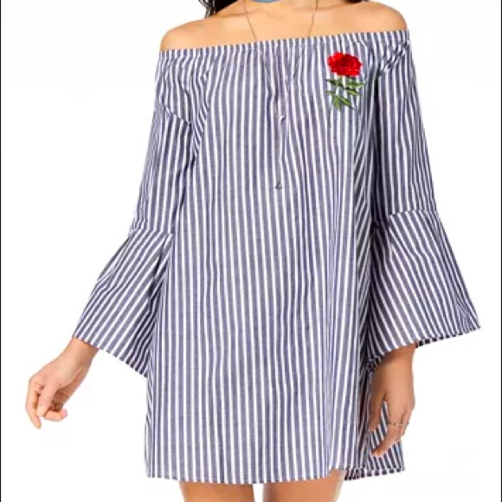 Juniors' Striped Embroidered Off Shoulder Dress